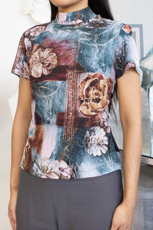 Short Sleeve Shirt w/ V Back, Flower