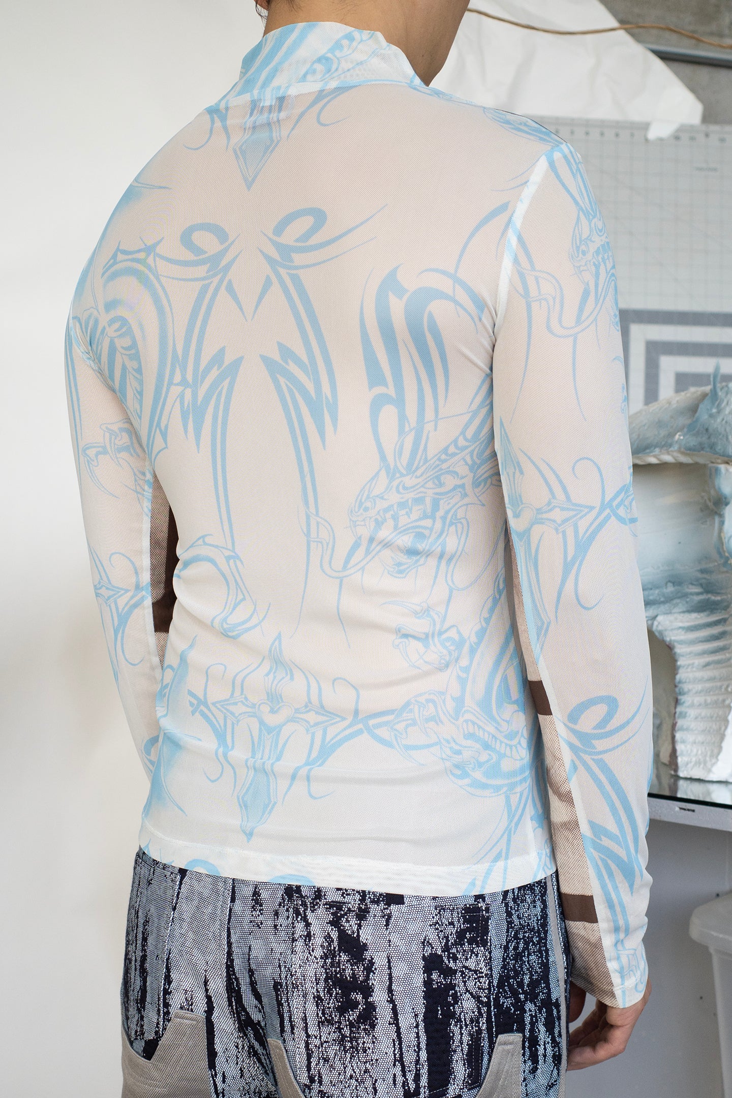 Stretchy Long Sleeve w/ Piping, Blue Print